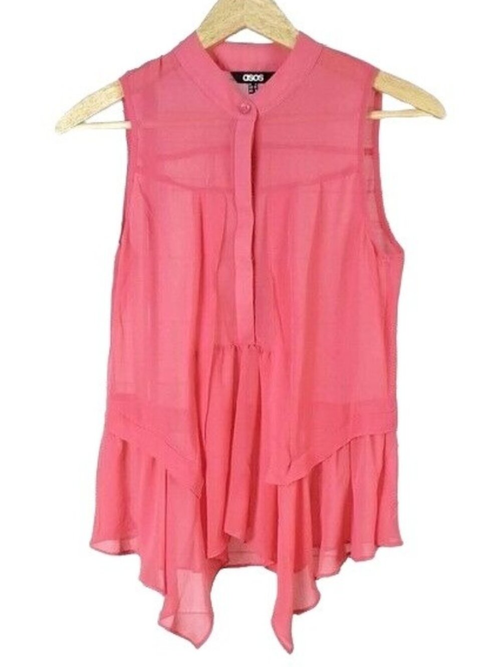 ASOS Womens Ruffle Sheer Top Pink US 4 High-Low Button-Up Sleeveless